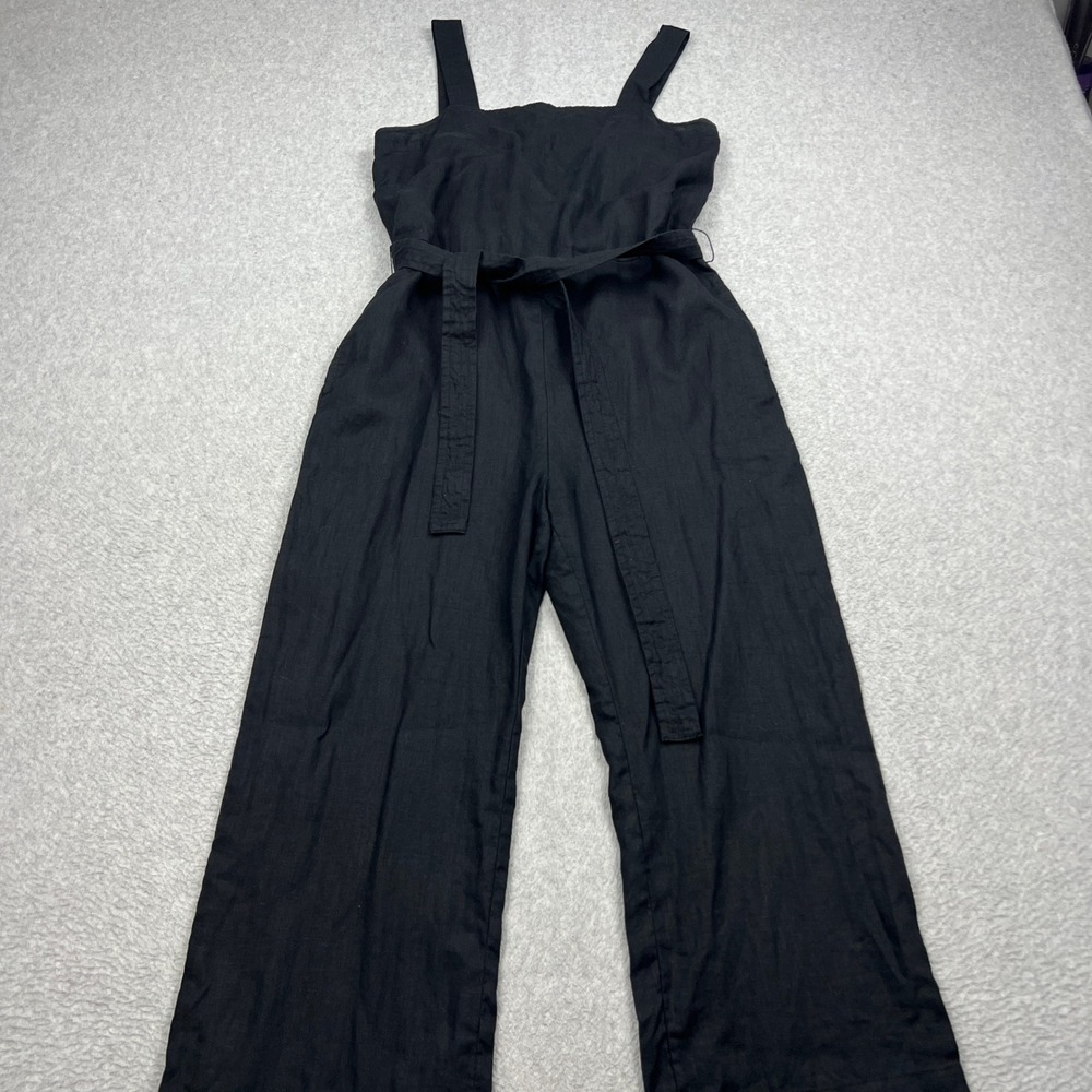 Quince Jumpsuit Womens Medium Black 100% Linen Wide Leg Square Neck Tie Waist